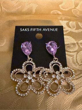 Saks Fifth Avenue Purple and Clear Crystal Floral Drop Earrings